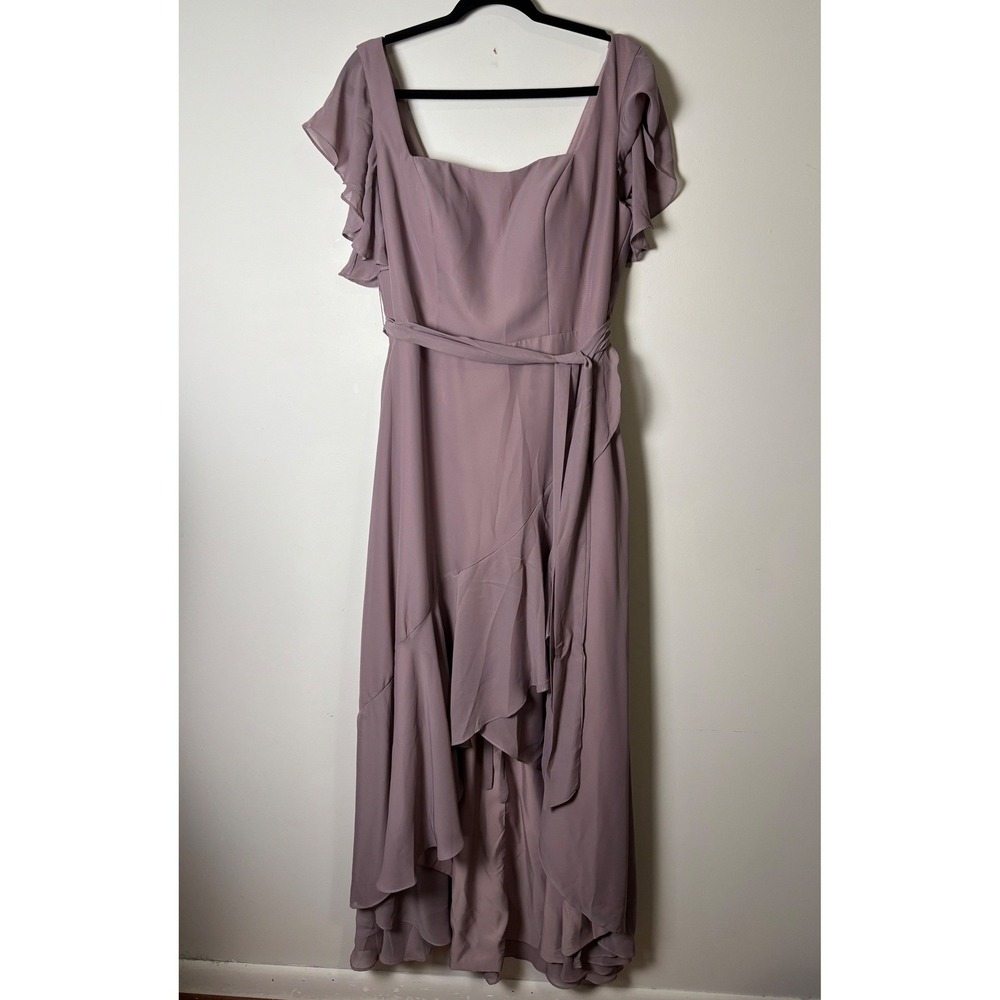 Monvelli Pink Bridesmaid Dress 16 Asymmetric Chiffon Flutter Sleeve Lace Up Back